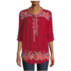 JOHNNY WAS Gina Embroidered Floral Boho Peasant Red Tunic Blouse Top Size S